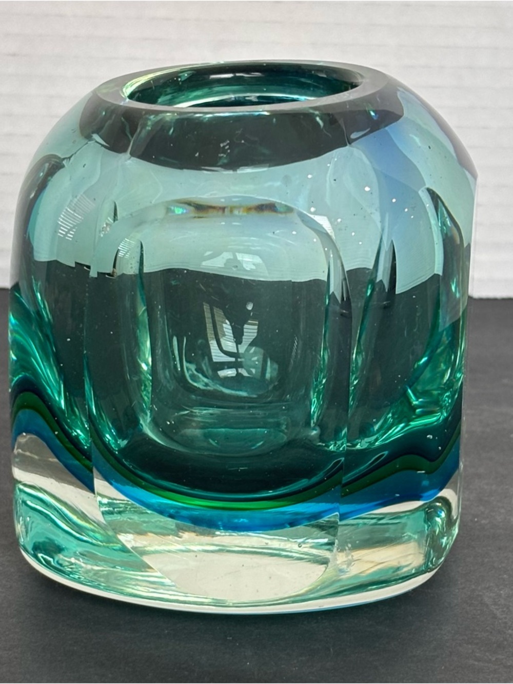 Murano Style Sommerso Art Glass Vase/Candle Teal Blue Heavy Glass Hand Blown4.5” - Picture 4 of 15